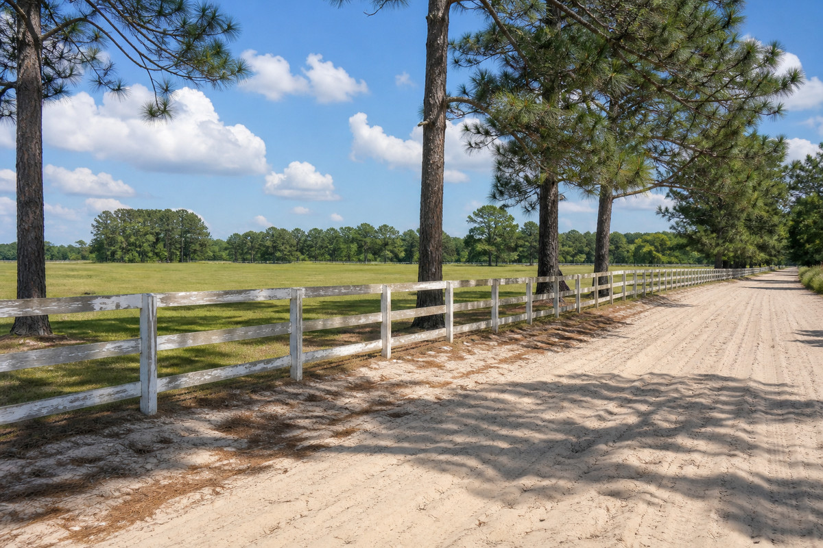 Board fence line and horse pasture under tall pines on a sandy lane near Aiken, South Carolina
