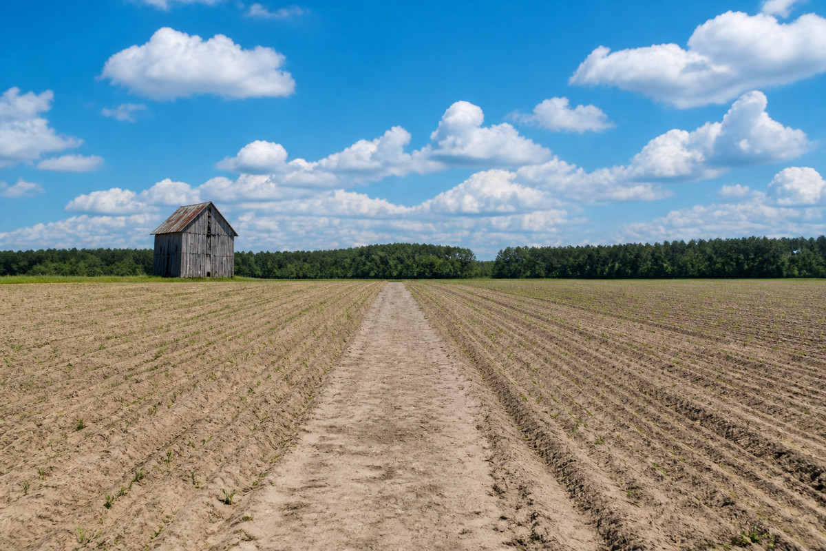 Flat Pee Dee farm field with an old tobacco barn and a dirt turn row running toward a pine line